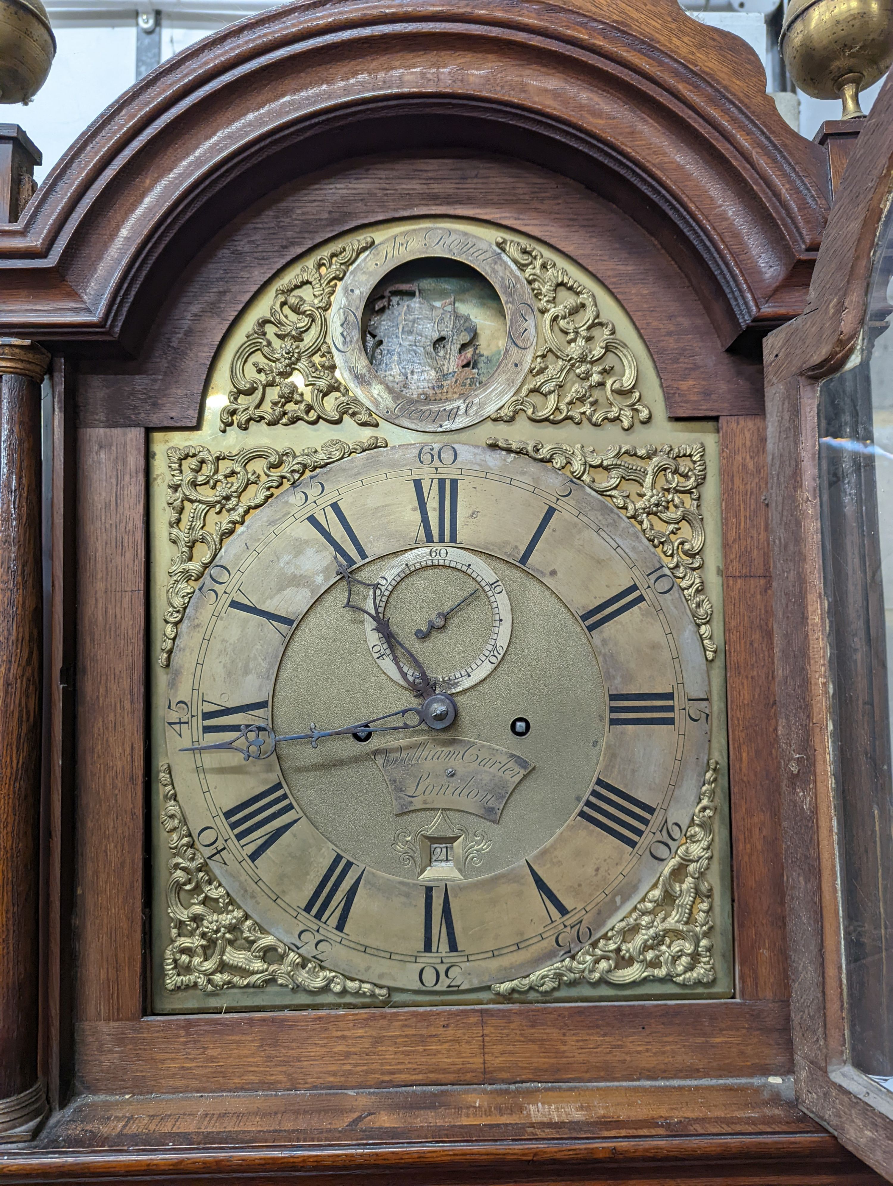 A George III oak 8 day longcase clock, marked William Carter, London (later cased), height 220cm